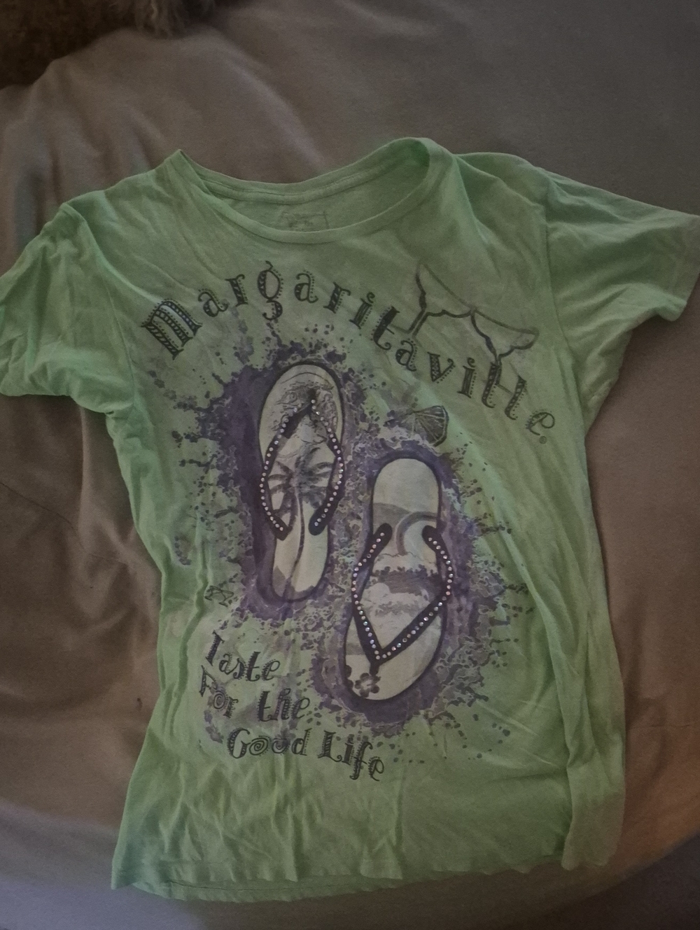 Margaritaville Light Green Short Sleeve Tee with Purple Flip-Flop Graphic